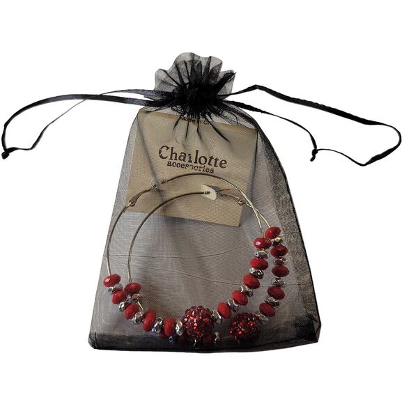 Large Red Beaded Hoop Earrings 3" Silver Tone Rhinestone Accent Pierced Holiday - Picture 7 of 7